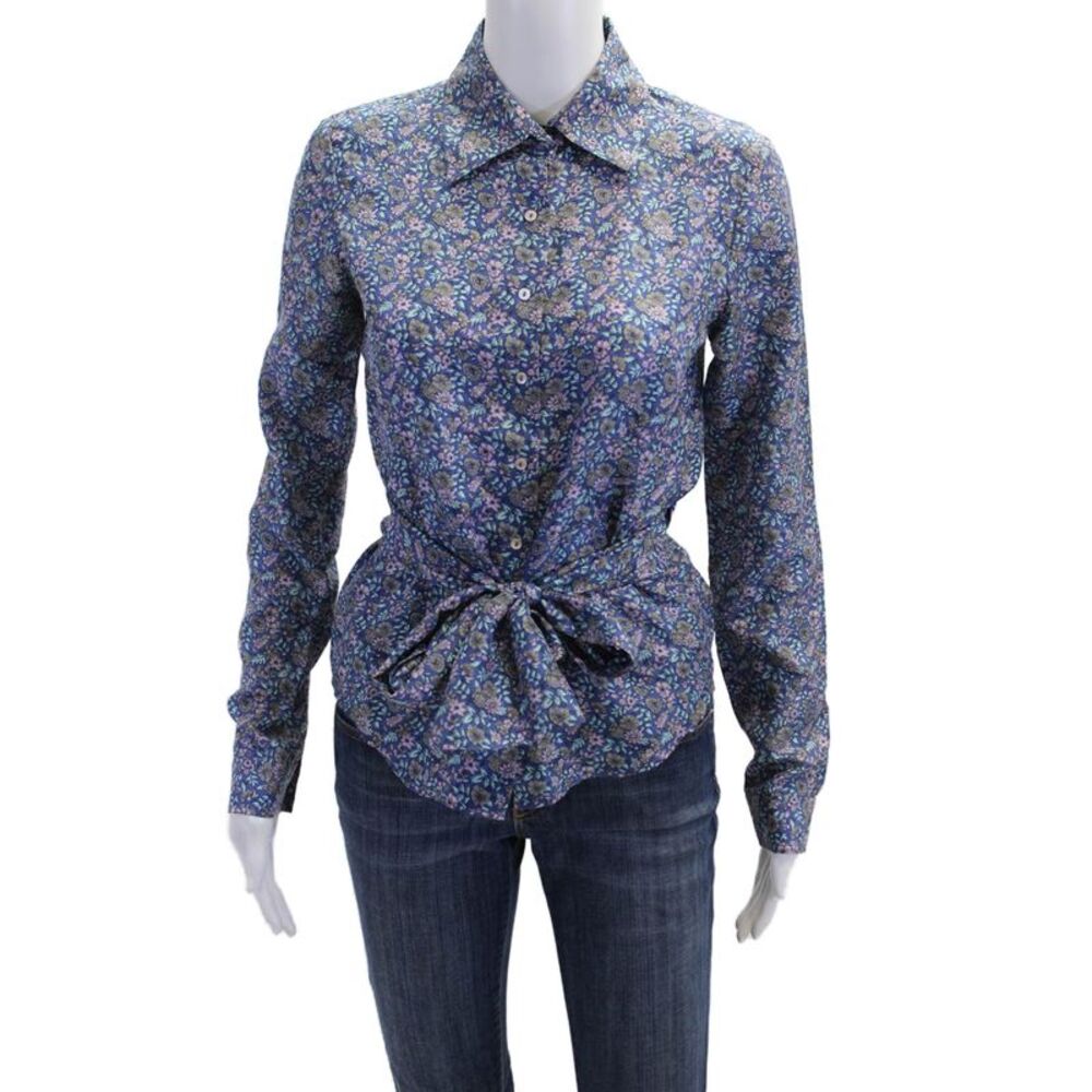 Calypso Christiane Celle Womens Silk Floral Button-Down Shirt Neck Tie Blue XS